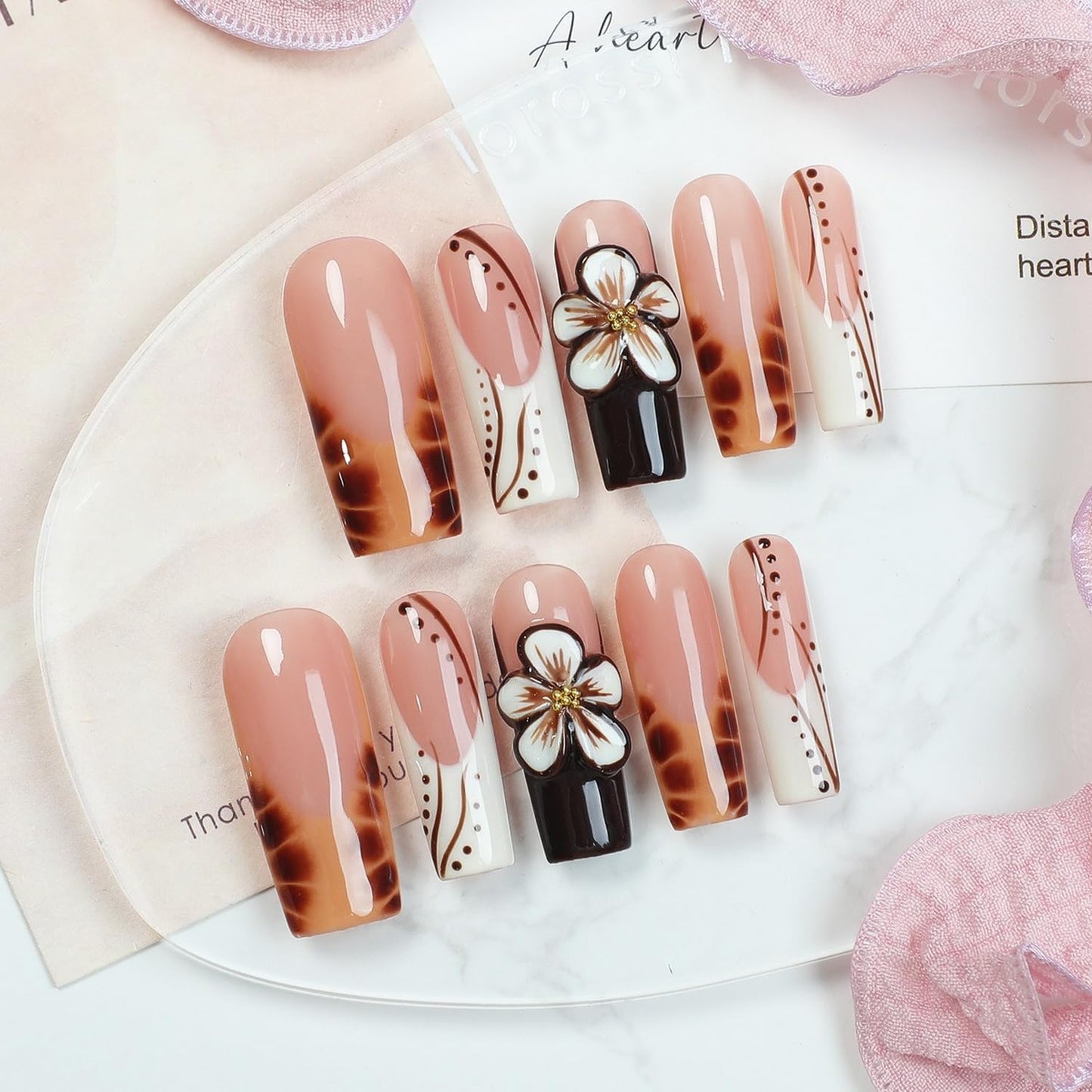 Flower Press on Nails - Long Square Handmade Press on Nails Thick Acrylic and Muti-Layer Gel False Nails 3D Floral Stick on Nails Leopard French Tip Fake Nails for Women DIY Art Decor (S)