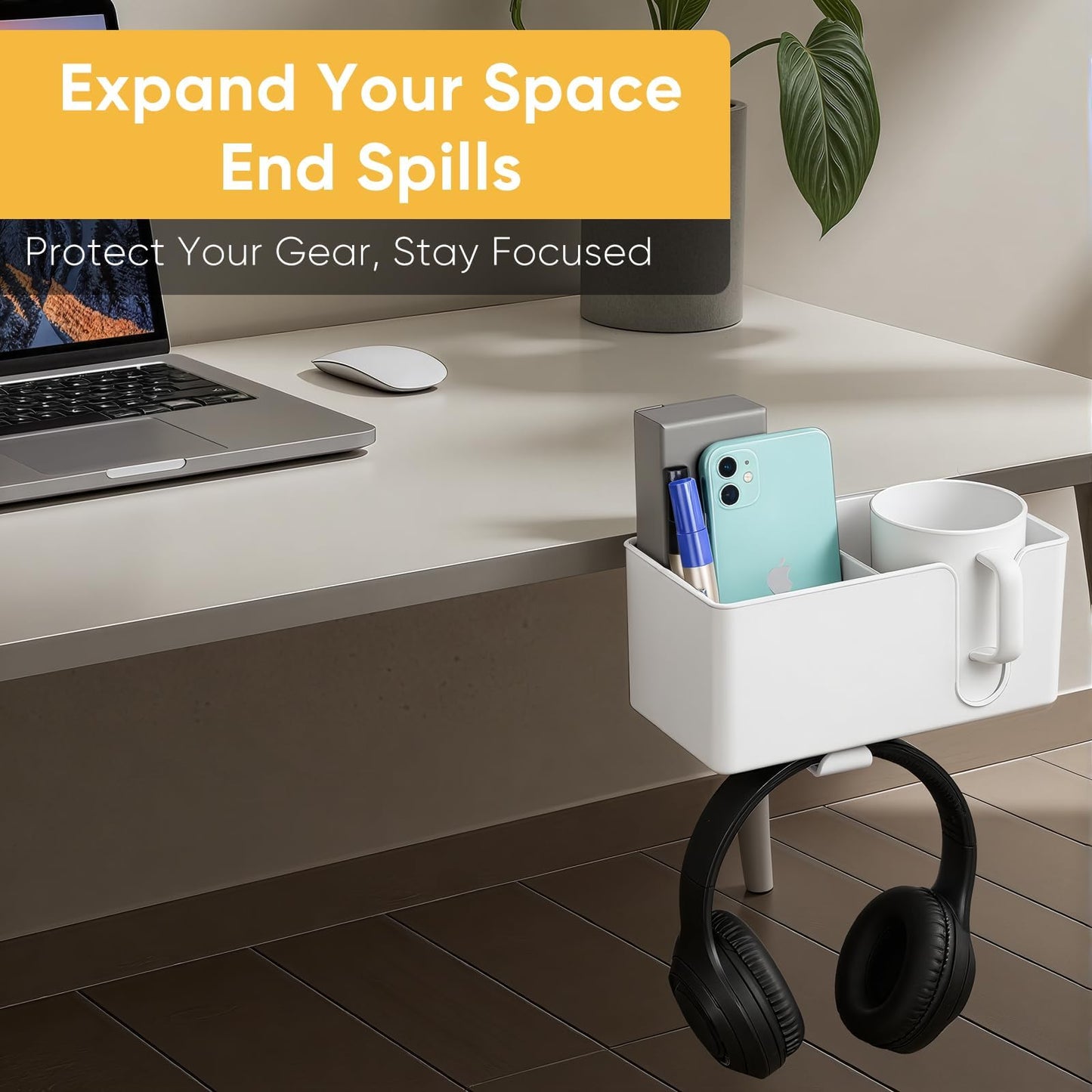 4-in-1 Clip On Desk Cup Holder, Fits up to 40oz cups - Mountable Holder with Adjustable Divider & 360° Rotating Hook - No Spill Clamp On Drink Holder Attachment - for Desk Chair Table Bed Tray - White