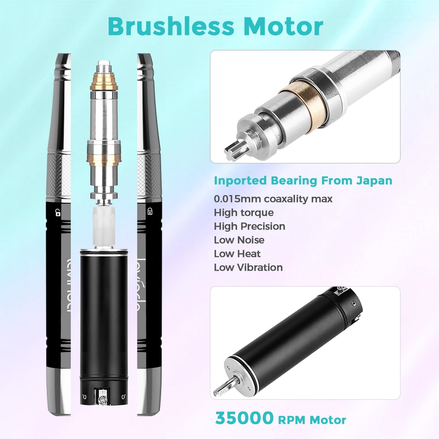 Lavinda Professional Nail Drill Machine, Cordless Rechargeable 35,000RPM Brushless Nail Drill, Portable Electrical Nail File for Acrylic Nails with Charging Base, Bling Green Purple Gradient