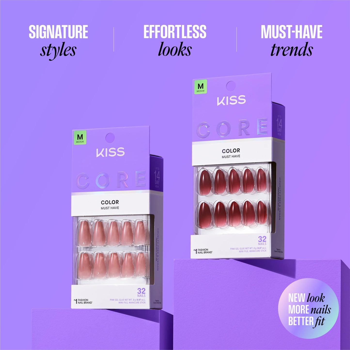 Kiss Core, Press On Nails, Nail glue included, 'Flee', Blue, Short Size, Almond Shape, Includes 32 Nails, 2g Glue, 1 Manicure Stick, 1 Mini File