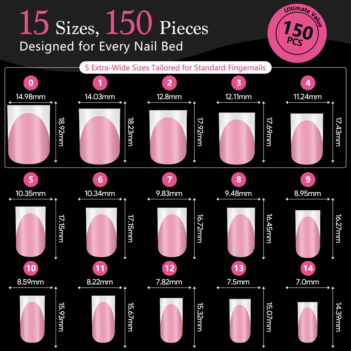Qiek French Tips Press On Nails - 150Pcs Deep Pink Short Square Soft Gel Nail Tips Pre-Designed, 15 Sizes Fake Nails for Nail Art DIY, False Nails Salon Quality Manicure at Home Gifts For Women