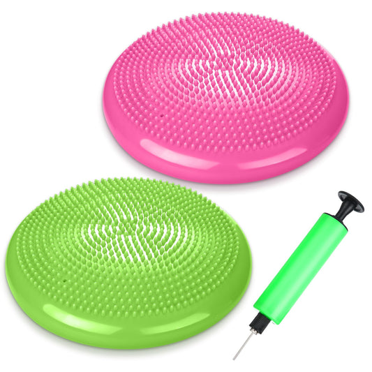 Silipull 2 Pcs Wiggle Seat Inflated Wobble Cushion Flexible Balance Disc with Air Pump for Core Stability Strengthening Improving Posture Physical Exercise (Green and Rose Red)