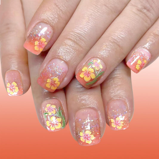 Short Press on Nails Square Fake Nails with Yellow Flower Designs Gradient Glitter Nail Tips Cute Floral Press on False Nails Spring Summer Flowers Glue on Nail for Women 24Pcs