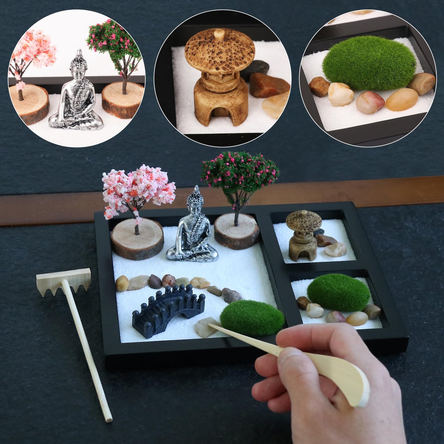 Zen Garden Kit, Mini Zen Garden for Desk - Zen Sand Garden for Office Decor with Pebble, Zen Sand, Bridge, Algae, Buddha & Rake Tool Zen Garden for Meditation