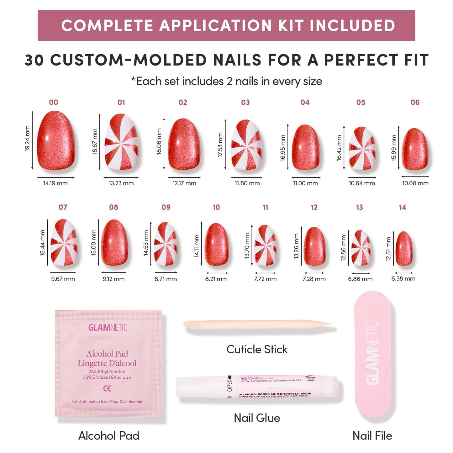 Glamnetic Press-On Nails Bundle - Candy Crush, Snow Bunny & Pink Comet | Short Oval Fake Nails with Candy Cane Swirl Design and Velvet Finish | Pale Blue Short Almond Fake Nails with French Tips & 3D
