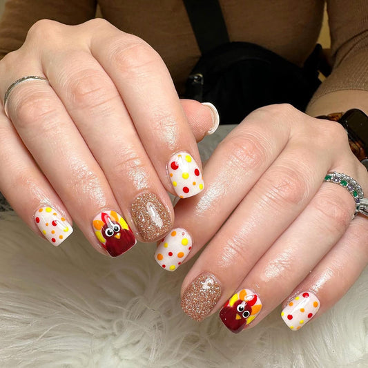 24Pcs Thanksgiving Press on Nails Short Square Turkey Fake Nails with Gold Glitter Design White False Nails Full Cover Artificial Glue on Nails Fall Stick on Nail for Acrylic Autumn Manicure Salon