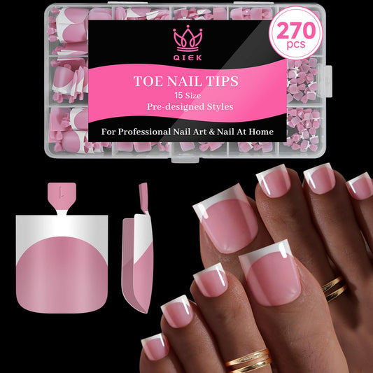 Qiek Toe Nail Press Ons French Tip, Sharp Square Berry Pink Pre-Designed Fake Toenail Press On for Women DIY, Soft False Acrylic Nail Extension 15 Sizes, 270 Pcs - Builder Nail Gel & Top Coat Needed