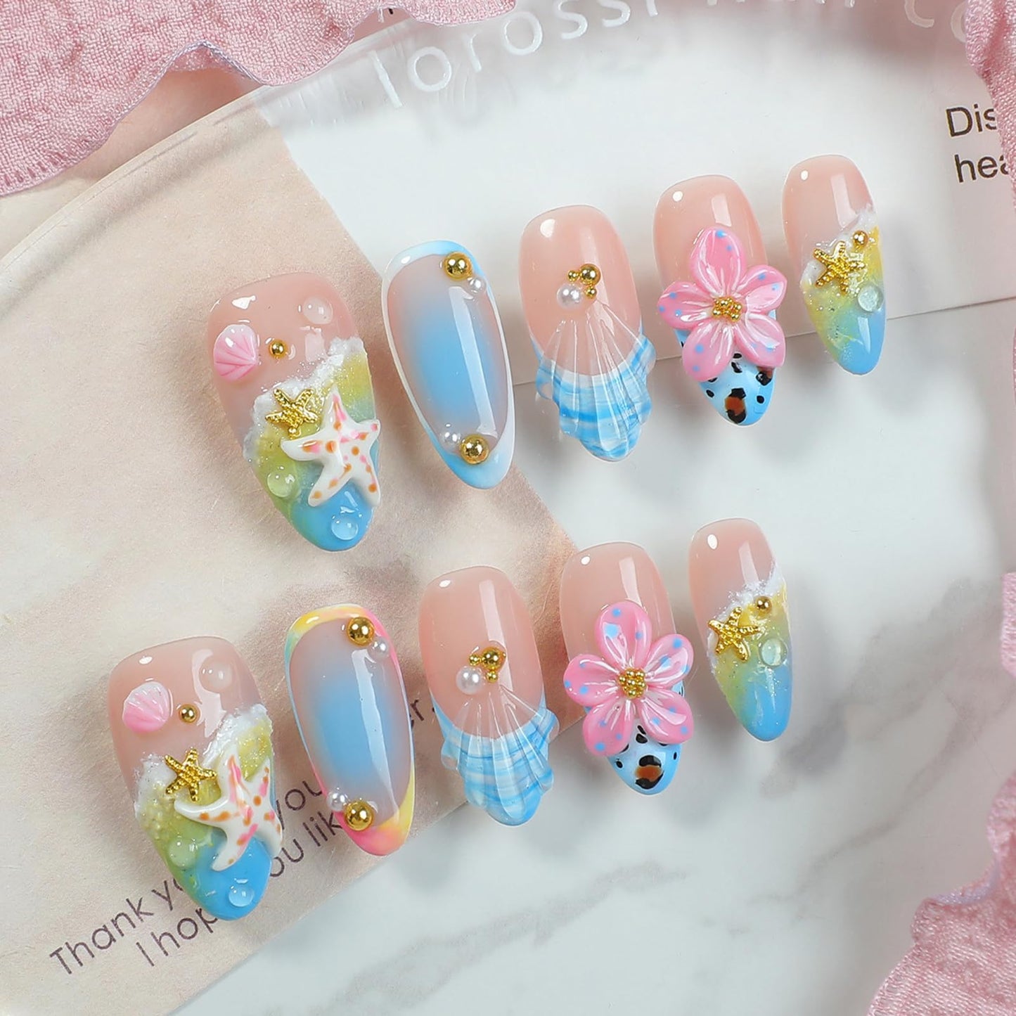 Threelegscat Summer Nails Medium Almond, Press on Nails Pink Nude with 3D Flower Starfish Shell Design,Reusable & Easy to Apply for Women Beach Vacation and Daily Wear Size M10PCS
