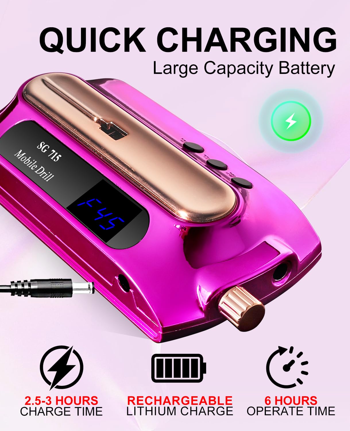 LimeGirl Nail Drill Professional 45000RPM, Pink Electric Nail File for Acrylic Nails Gel Nails, with 11-in-1 Nail Drill Bits for Fast Polishing Manicure Pedicure, Rechargeable Hand Foot Care Tool