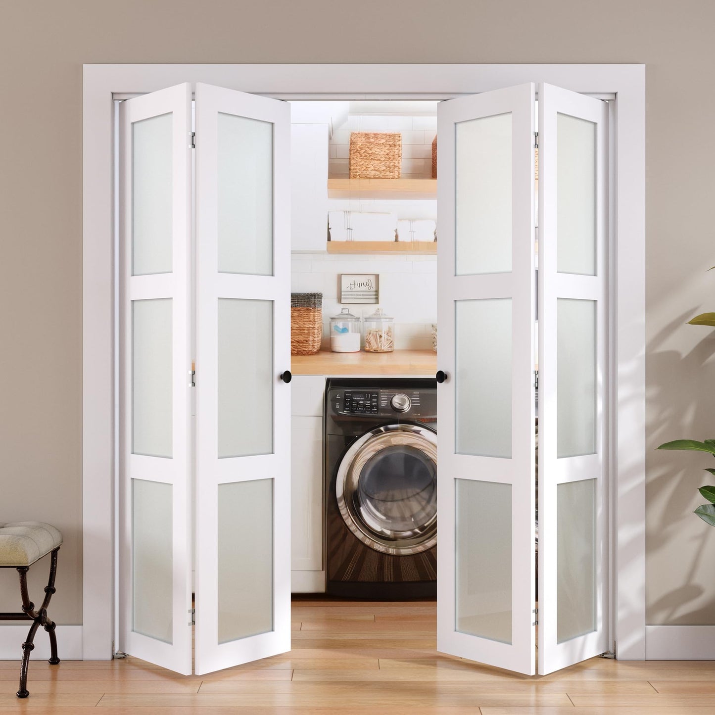 SMARTSTANDARD Bifold Door, for 60"x 80" Opening,Tempered Frosted Glass Closet Folding Barn Door with Hardware Kit, Water-Proof PVC Surface,Easy Install,White