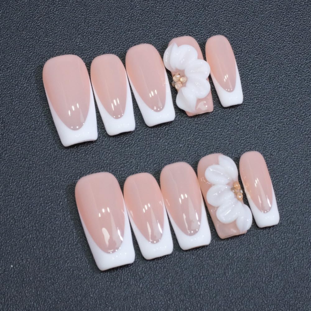 White French Tip Handmade Press on Nails Medium Square Fake Nails Muti-Layer Gel False Nails with 3D Flower Rhinestones Designs Thick Acrylic Nails Full Cover Stick on Nail for Women Nail DIY (Size M)