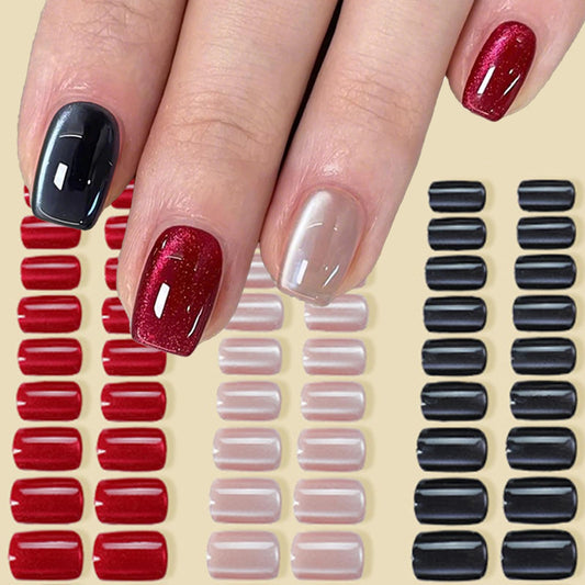 3Packs 72Pcs Square Press on Nails Short Cat Eye Fake Nails Glossy Glitter Acrylic Nails Black Red Pink Gel Glue on False Nails Press ons Manicure Kit for Women Girls 12 Sizes