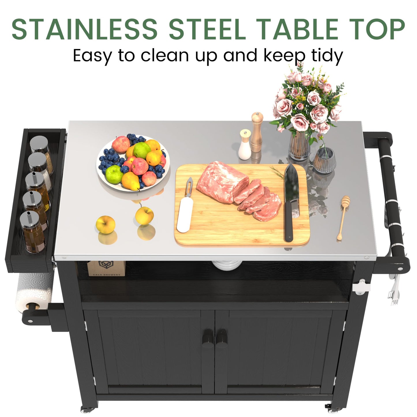 Sunnibety Weatherproof HIPS Outdoor Kitchen Island with Stainless Steel Top & Storage Cabinet, Movable Prep Table with Wheels for BBQ Food Prep, Outdoor Grill Cart for Parties, Black