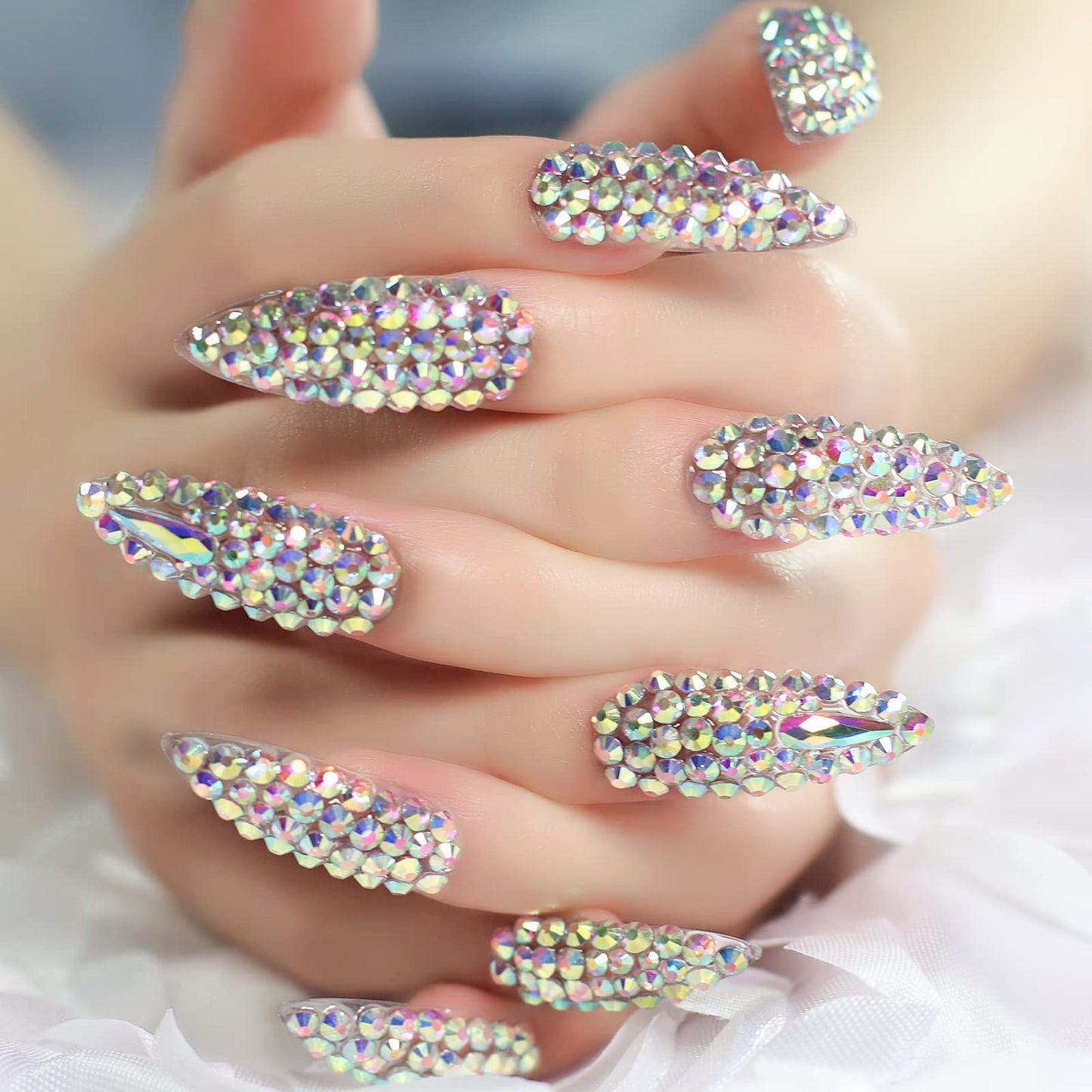 Elevenail Handmade Press on Nails Full Cover Luxurious 3D Crystal False Nails Super Extra Long Stiletto Diamonds Art Decoration Fake Nails Manicure Kit Nail Art Tips Gift for Women Girls Wedding Party
