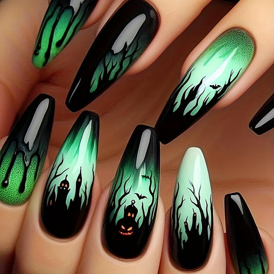 Halloween Press on Nails Long Ballet Shaped Bat Pumpkin False Nails Full Cover Artificial Acrylic Fingernails Castle Design Green Halloween Nail Glossy Festivla Glue on Nails for Women Supplies