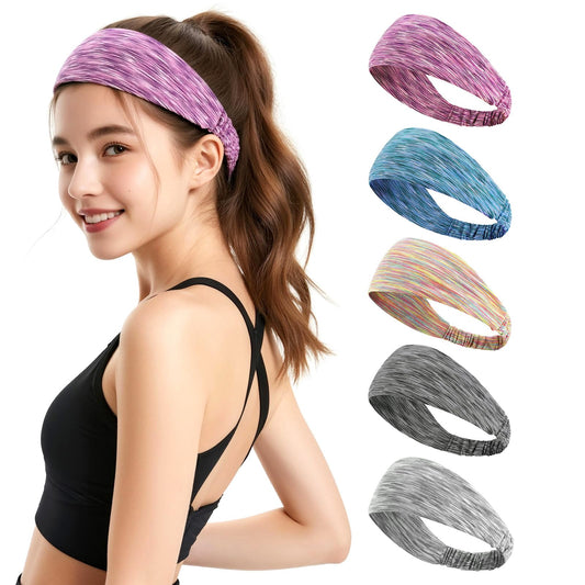 AIZORVEE Sweat Headbands for Women - Moisture Wicking Wide Yoga Headband, Non Slip Soft Elastic Sports Headbands for Workout, Running, Gym - 5 Pack Colorful Assorted