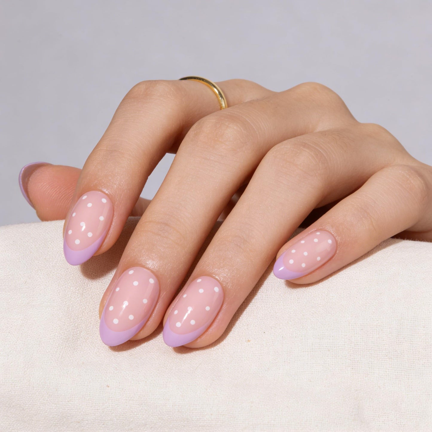 PILOLO Press On Nails Polka Dot Fake Nail Tips Adhesive Reusable Full Cover Acrylic False Nails Long Almond Stick On Manicure Set for Women Girls Gift (Barbie French Dot)