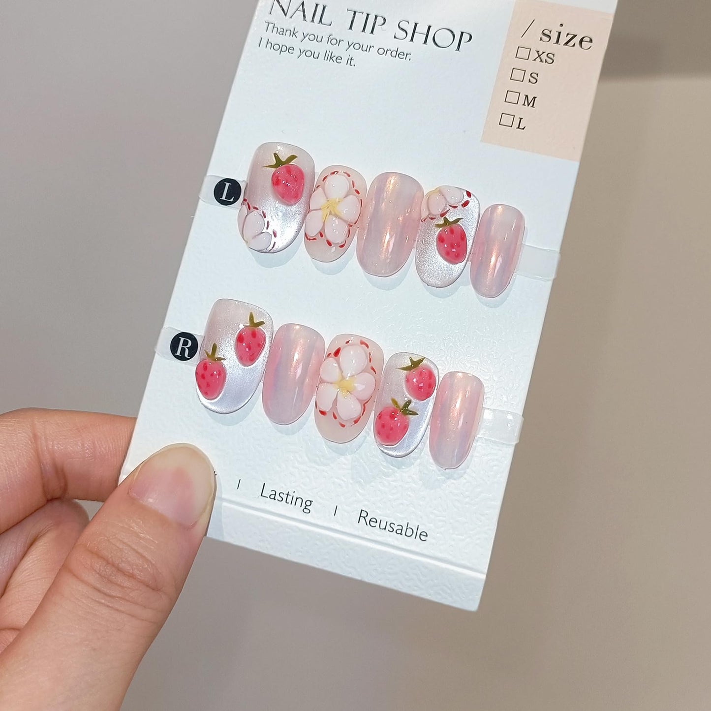TENPAL Press on Nails 10Pcs with Tools Kit,3D Strawberry Spring Summer Pink Aurora Fake Nails,Cute Floral Almond Short Nails,Full Cover False Nails Simple Blush Glue on Nails Sweet Summer Nails(XS)