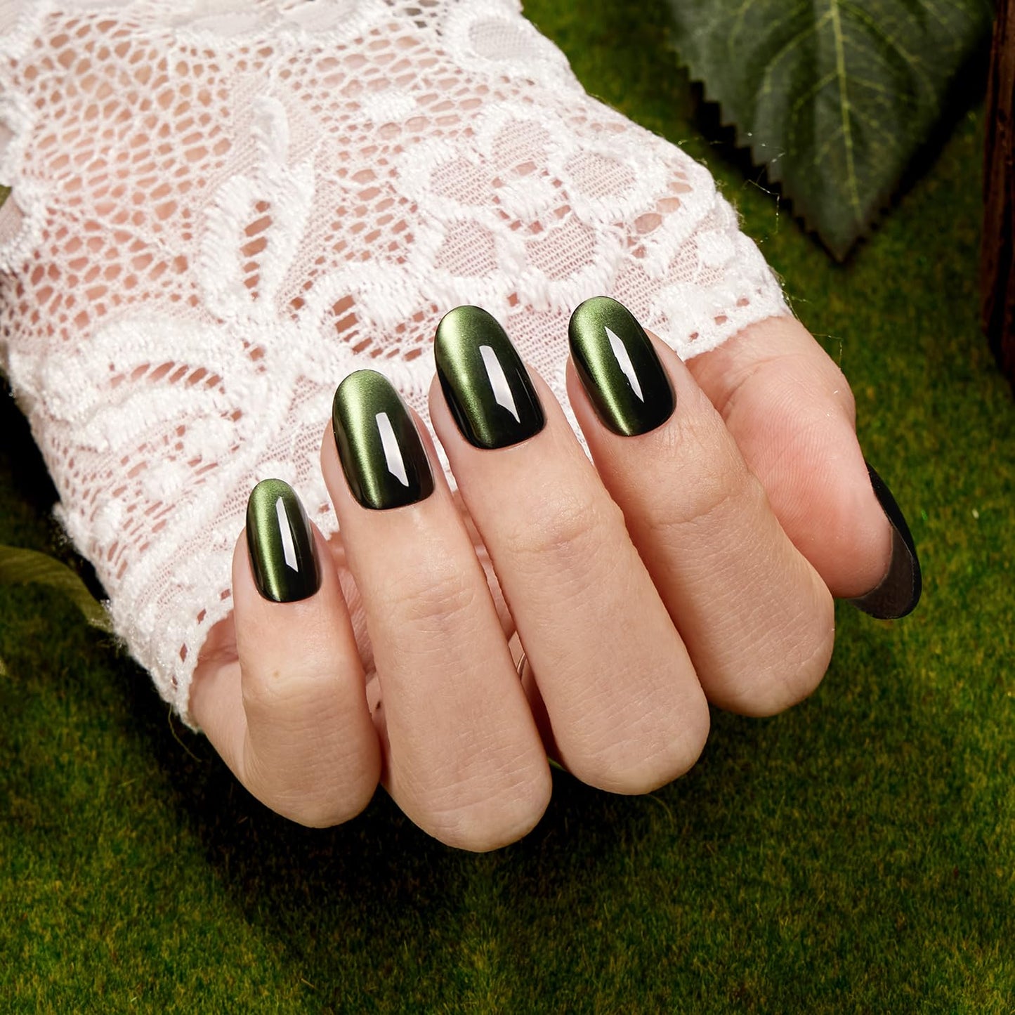 VSALON Press on Nails Short Oval - Dark Green Cat Eye Holographic Glitter Spring Fake Nails, Reusable Opaque Gel Glue on Nails with Glue & Cuticle Oil - 32 PCS Stick on Nails in 16