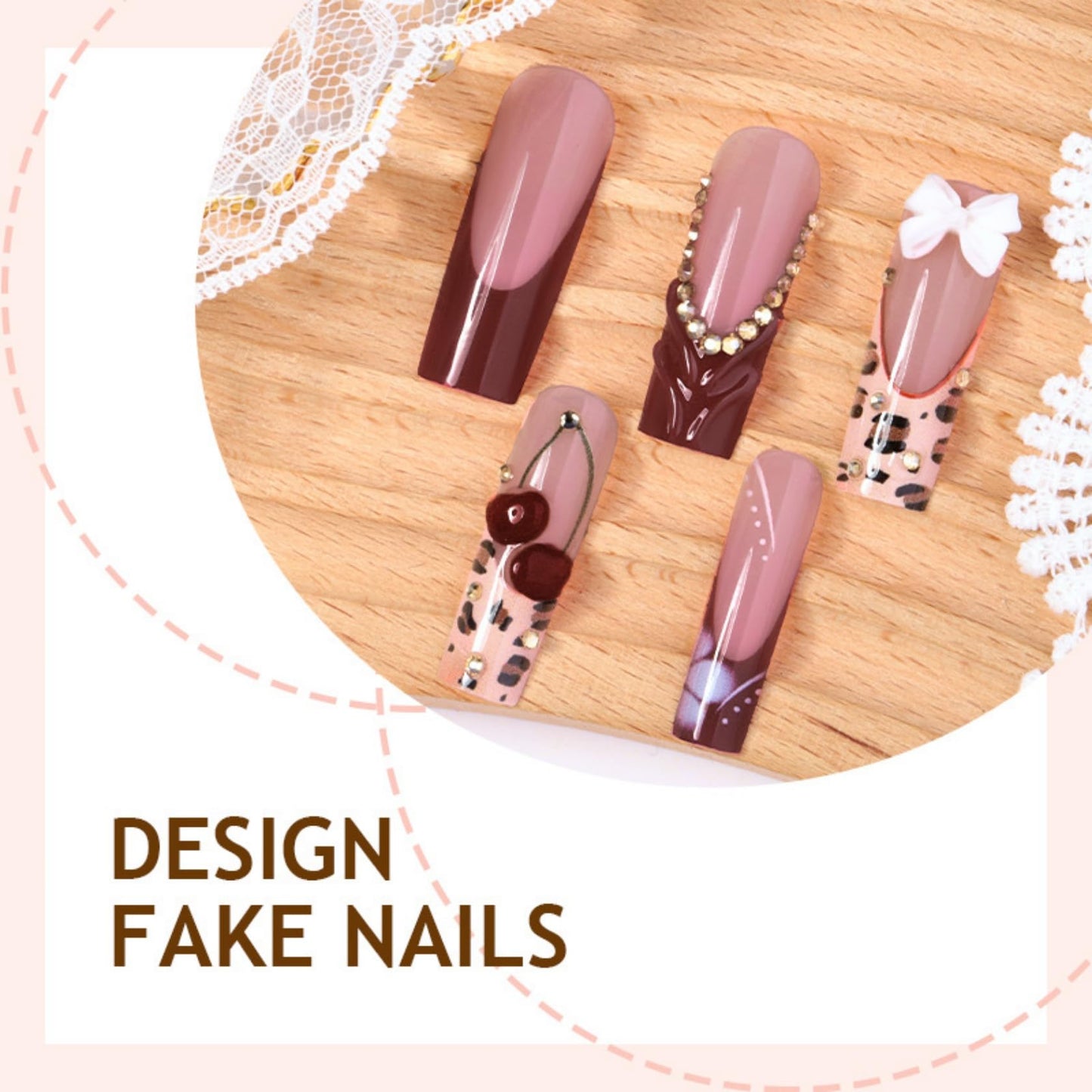 Long Square Press on Nails Fake Nails Artificial Nail Stick on Nail for Women, Cherry & Leopard Design with Red Ombre French Tip and White Bow Accents