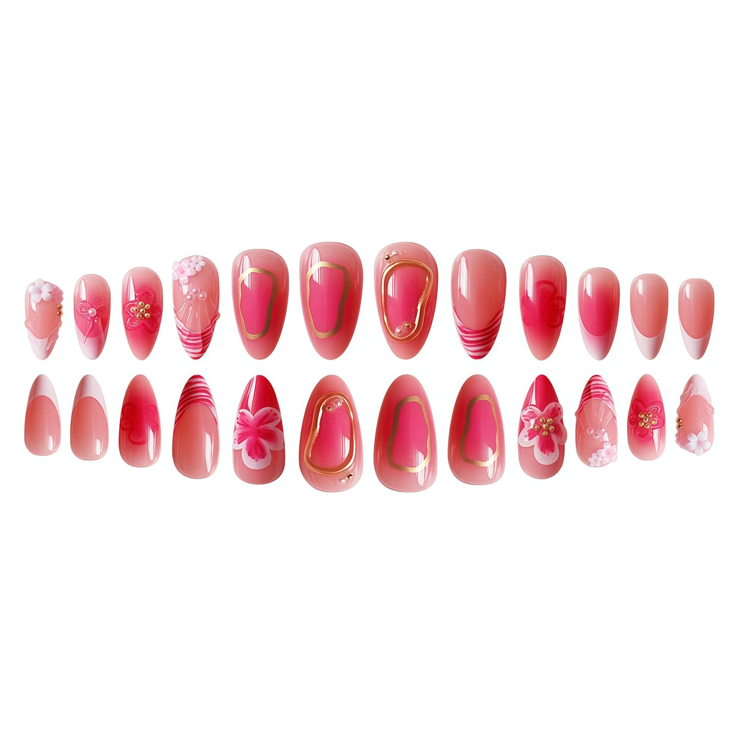 Long Press on Nails Almond Fake Nails Pink Acrylic Nail Press Ons Seeneey 3D Flowers and Gold Charm Designs Cute Stick on Nail for Women 24pcs