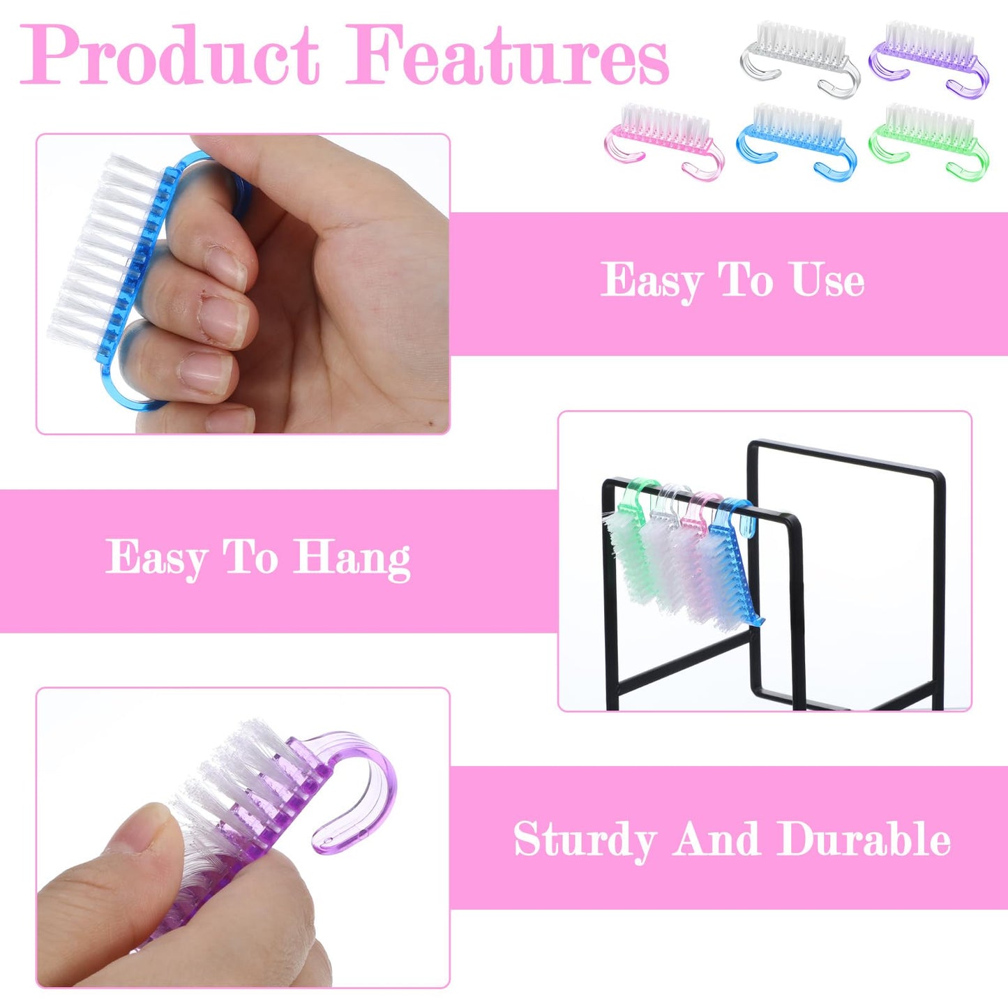300 Pcs Handle Grip Nail Brush Bulk, 5-Color Nail Scrub Brushes for Toes and Fingernails Cleaner, Pedicure & Manicure Scrubbing Kit for Men and Women