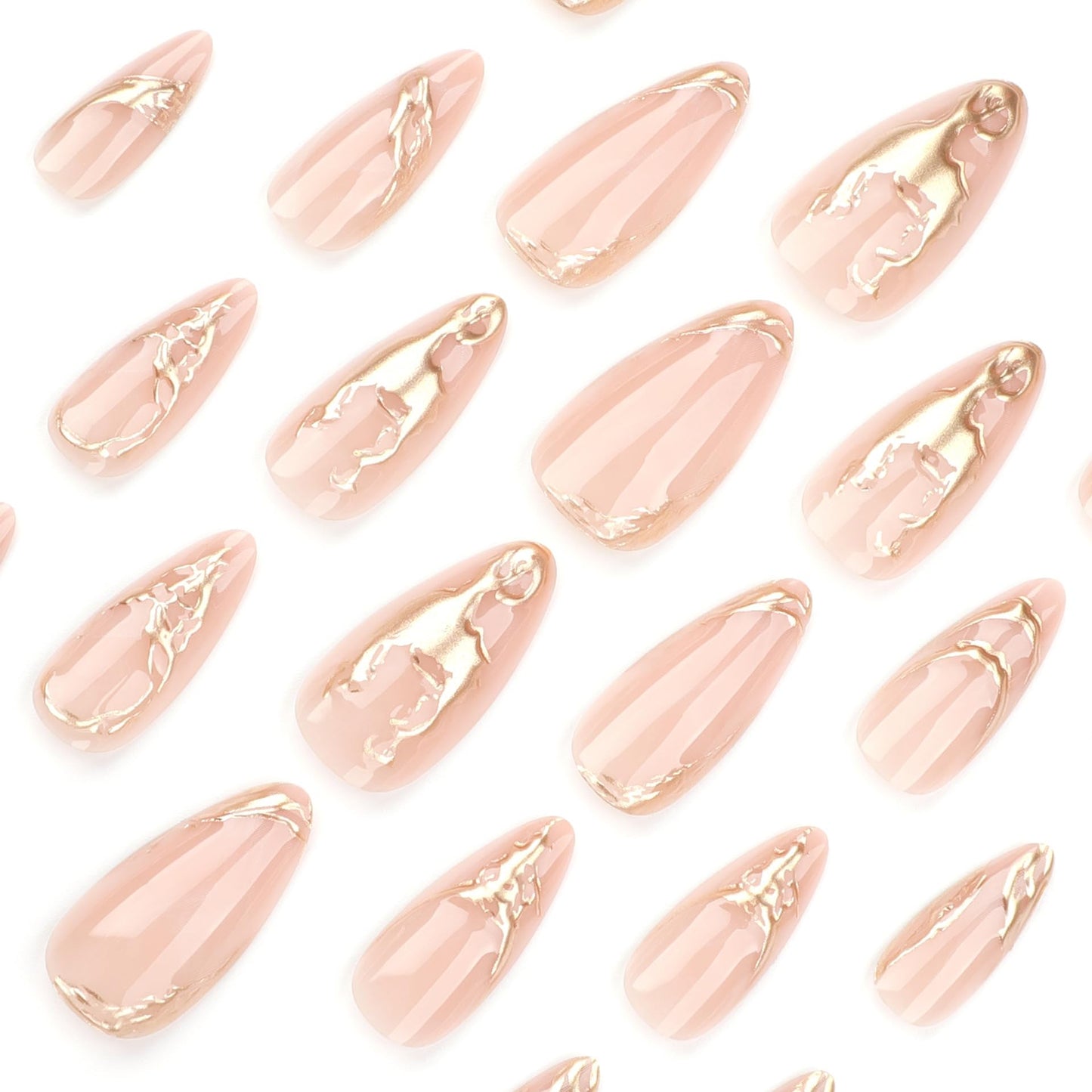 Glamorous Acrylic Nail Set, Nude Tones with Gold Accents, Almond shape