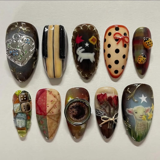 BABALAL Press on Nails Medium Almond Fake Nails Colorful Anime Glue ons Design Rabbit Sheep Flower Y2k Manicure Supplies Handmade Art 24Pcs Glossy Custom Full Cover Acrylic False Nails for Women Girls