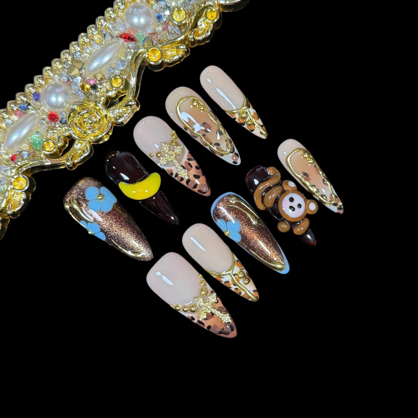 Handmade Press on Nails Cute 3D hand-crafted Monkey & Banana, Leopard Print Design - Long Stiletto Shape Reusable False Nails, Fun Animal Themed Nail Art (Pawky Monkey, M)