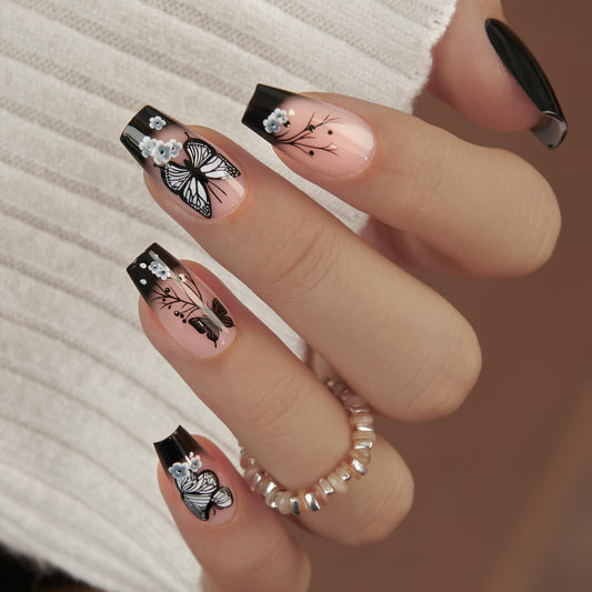 Curvlife 30pcs Press on Nails, Acrylic Fake Nail with Apricot Design, Full Cover False Nails Tips Glossy Nude Glue on Nails Artificial Stick on Nails for Women (black butterfly nails, Medium)