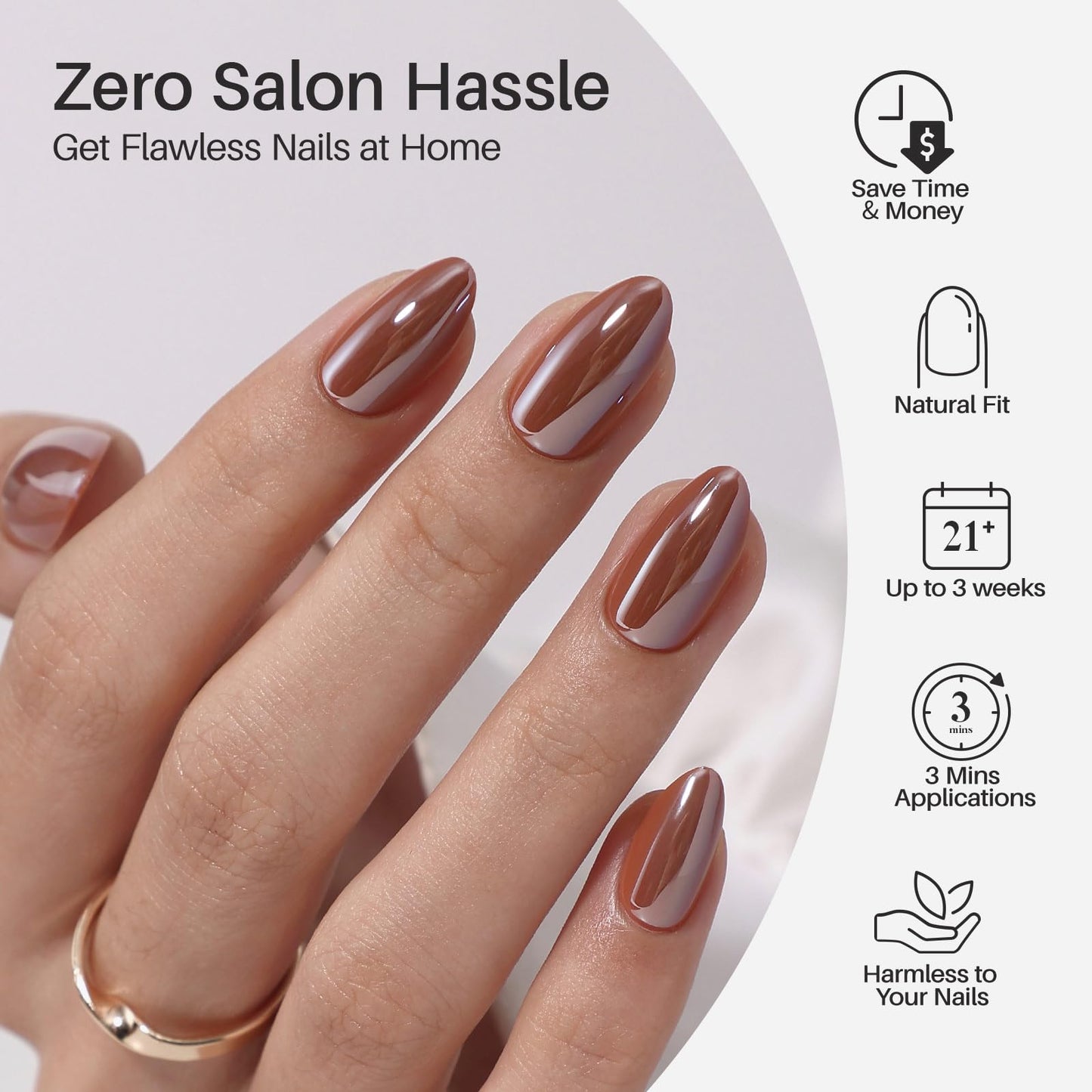 Brown Press on Nails Short - SHANGMENG Soft Gel Almond Chrome Press on Nails for Women, Glossy Glue on Nails with Glue, 16 Sizes - 32 Reusable Fake Nails Kit, Molten Mocha