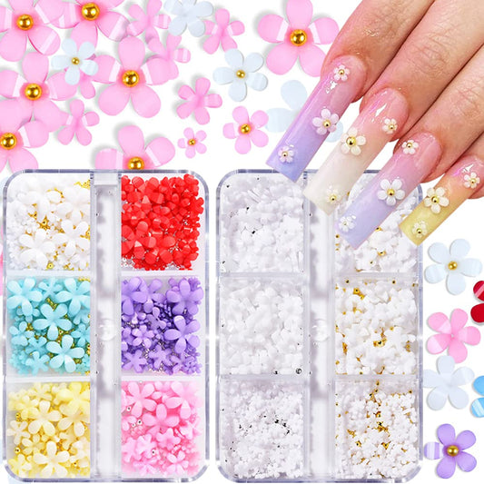3D Flower Nail Charms, 2 Boxes 3D Acrylic Flower Nail Art Rhinestones White Pink Mixed Cherry Blossom Spring Acrylic Nail Supplies with Pearls Manicure DIY Nail Decorations