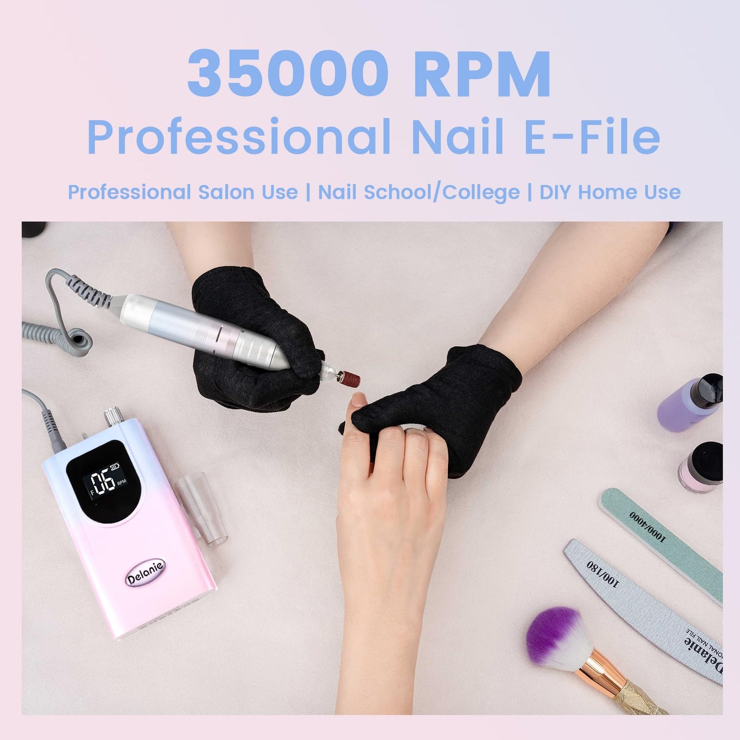 Delanie Professional Nail Drill High Torque 35000 RPM Rechargeable Portable Electric Nail File Filer for Acrylic Gel with Cuticle Bits, Salon Manicure Tool, Gradient Pink