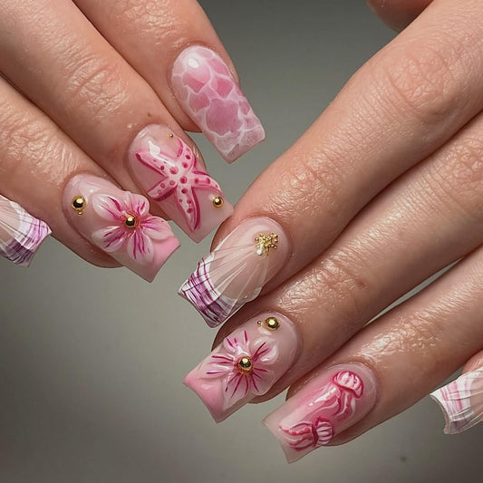 Summer Press on Nails Pink Ocean Fake Nail with Starfish & Jellyfish Designs Flower Press on Nails Beach False Nail Medium Square Acrylic Stick on Nails for Women Manicure Decoration 24 Pcs