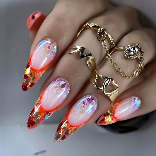 RUOKEXIN Long Stiletto Press on Nails French Tip Fake Nails Gold Glitter False Nails with Designs Almond Nail Press ons Sparkly Artificial Nails for Women 24Pcs