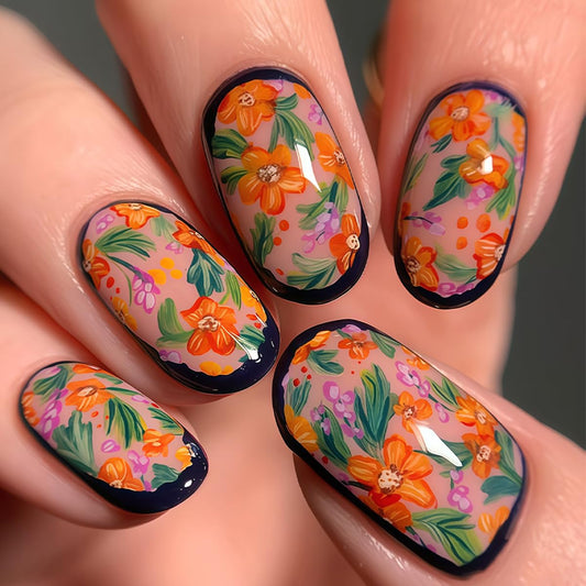 Press on Nails Short Oval - Orange & Pink Flowers with Green Leaves, Cute Garden Floral Design, Full Cover Glossy Fake Nails 24PCS for Women