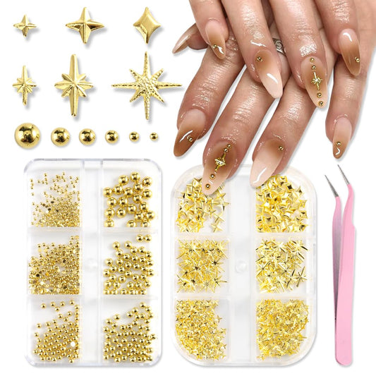Star Nail Charms for Nails Art, 3D Gold Mixed Styles Stars Metallic Studs Rivets and Small Round Caviar Beads with Tweezers, Nail Jewelry Decorations Manicure Supplies Accessories for DIY Craft