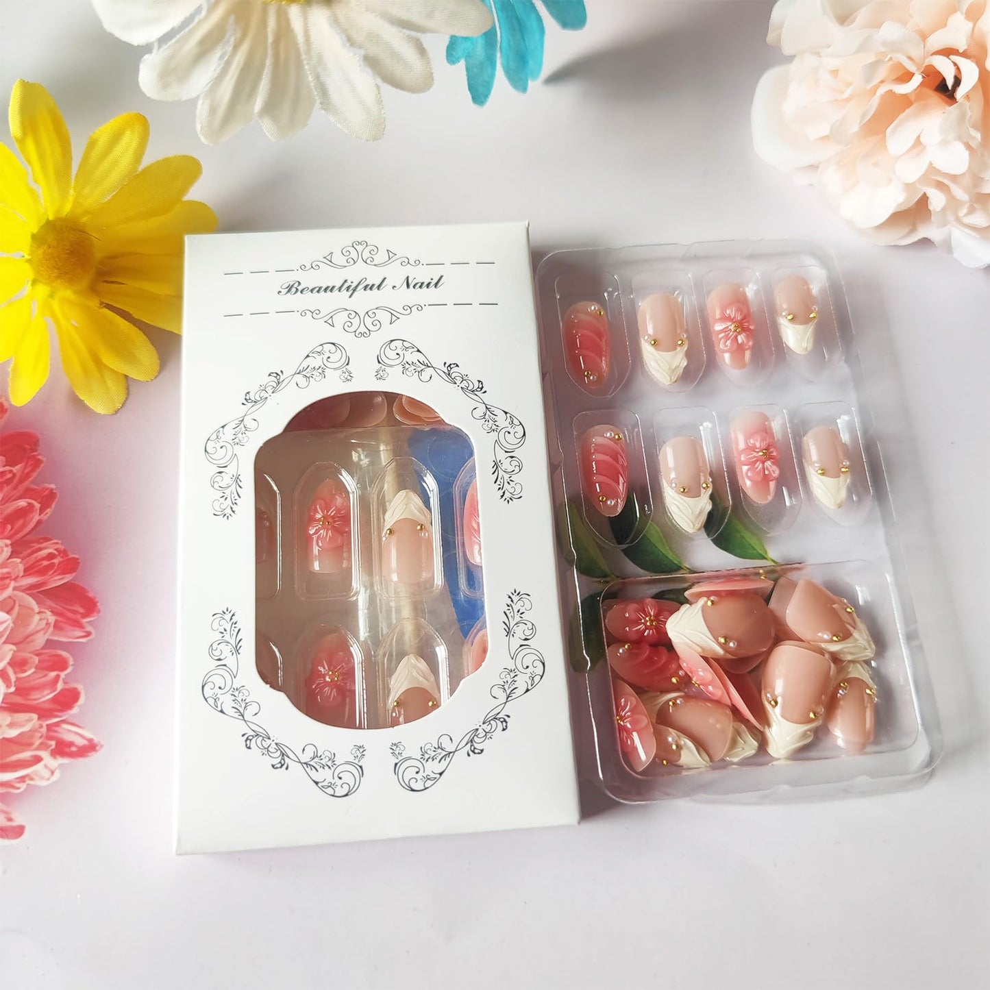 3D Flower Medium Almond False Nails HZJXRT Press on Nails 24 Pcs Curve Line Acrylic Fake Nail Blush Gradient Gel Glue on Nail Glossy White French Tips Stick on Fingernail for Coquette Women Gift