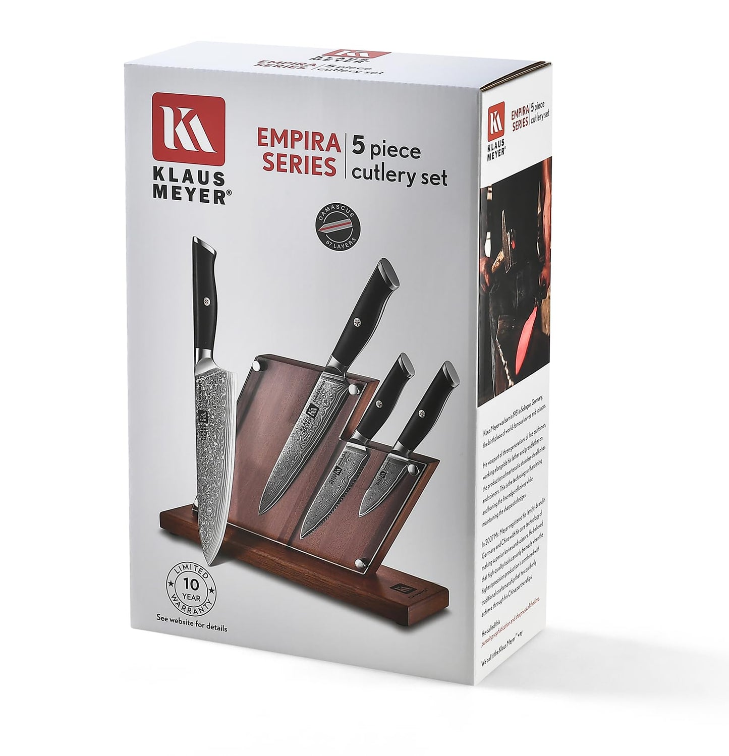 Klaus Meyer 5 Piece Damascus Knife Block Set, 67-Layer High Carbon Damascus Steel, Ultra-Sharp Kitchen Knife Set with Magnetic Wooden Block
