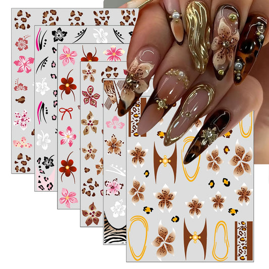 Leopard Print Hibiscus Flowers Nail Art Stickers Embossed Jelly Design Hawaiian Floral Nail Art Supplies Cute French Cheetah Print Nail Art Accessories for Women Manicure Decorations 6 Sheets