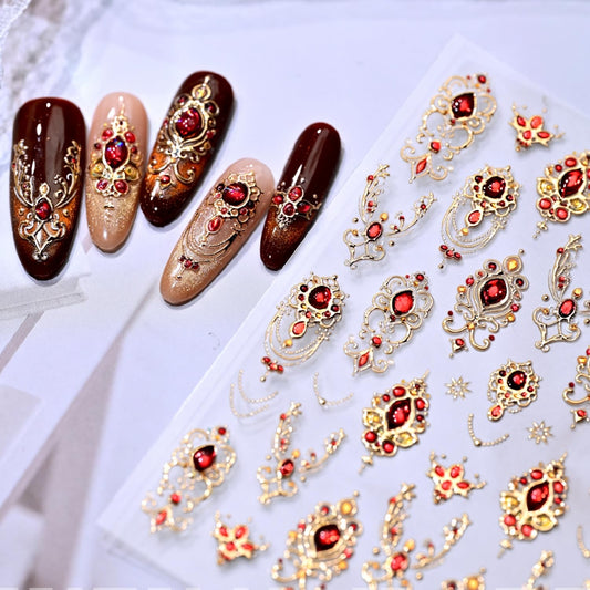 5D Embossed Red Gemstone Nail Art Stickers Gold Nail Stickers Gold Red Baroque Nail Decals for Nail Art Gem Nail Design Nail Supplies for Women Girls DIY Manicure Decoration
