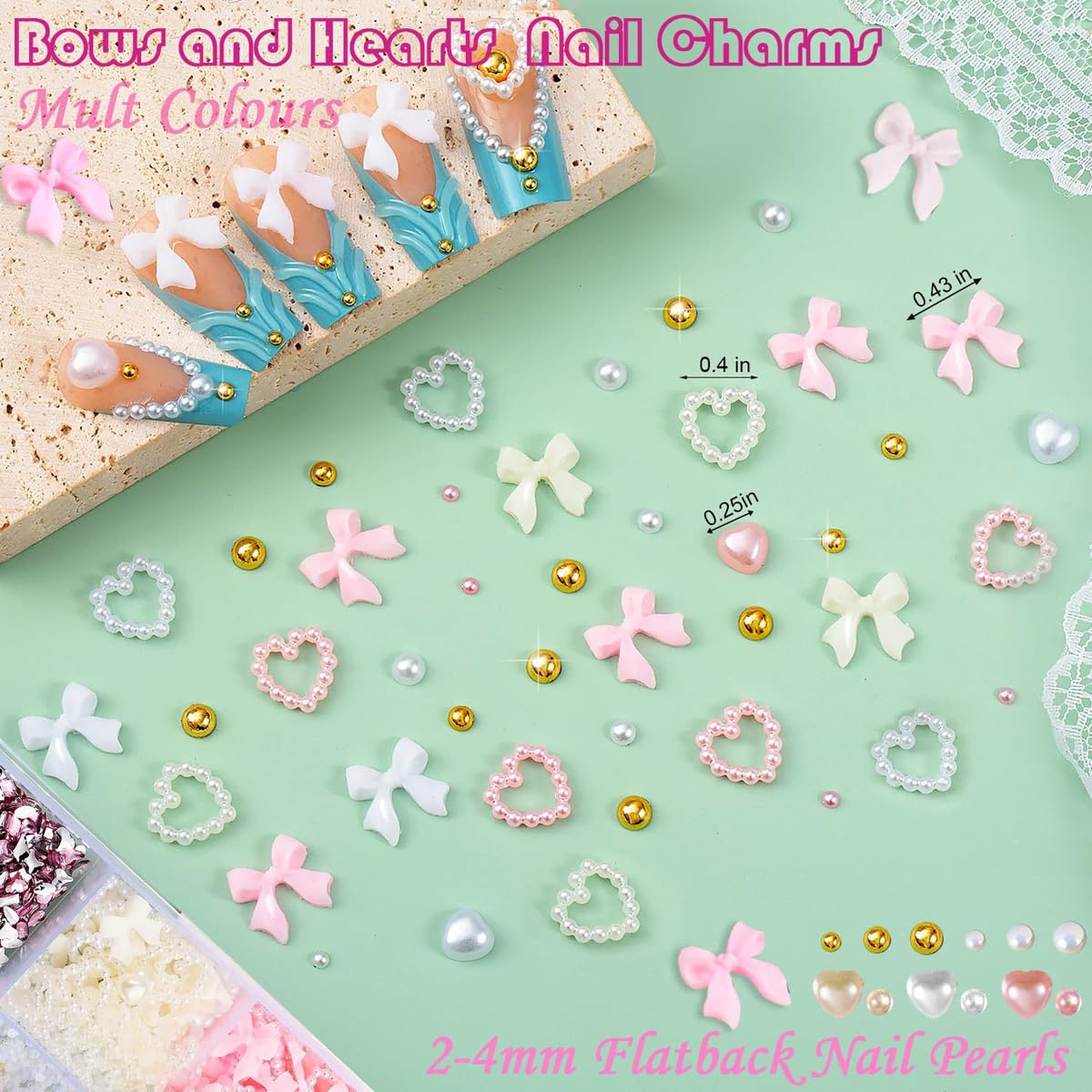 15 Grids Nail Art Decorations Set - 3D Bow Heart Butterfly Flower Charms, Glitter Sequins, Rhinestones & Pearls, Pink White Gold Nail Jewelry Kit for Acrylic Nails, DIY Manicure Accessories for Women