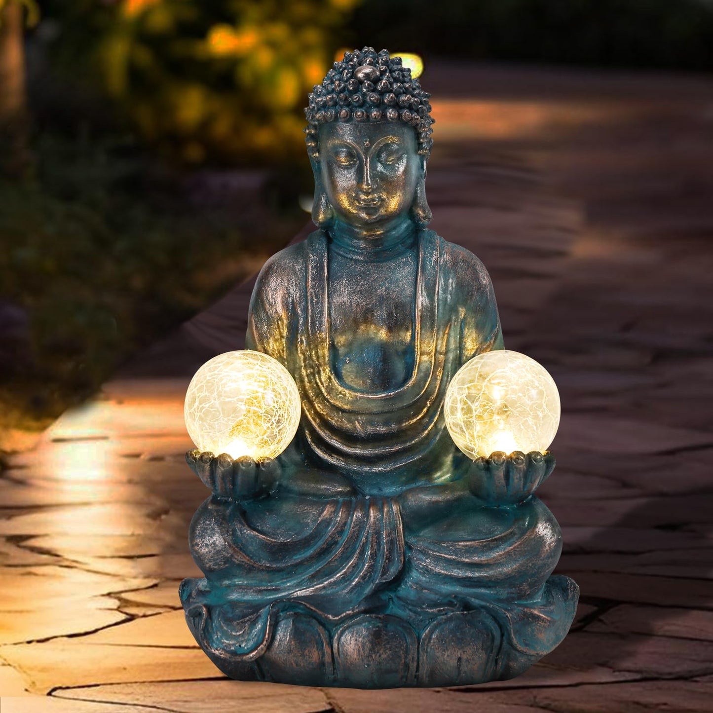 Afirst 10.5'' Meditating Buddha Garden Statues Solar Buddha Sculpture Decor with Glass Balls Zen Meditation for Home Garden Yard Patio Indoor Outdoor Ornaments Gifts for Mom