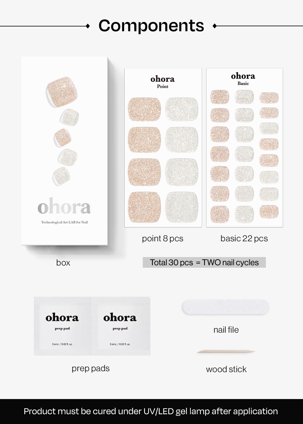 ohora Semi Cured Gel Nail Strips (P Aura) - Nude, Glitter, Works with Any UV/LED Lamps, Salon-Quality, Long Lasting, Easy to Apply & Remove - Includes 2 Prep Pads, Nail File & Wooden Stick