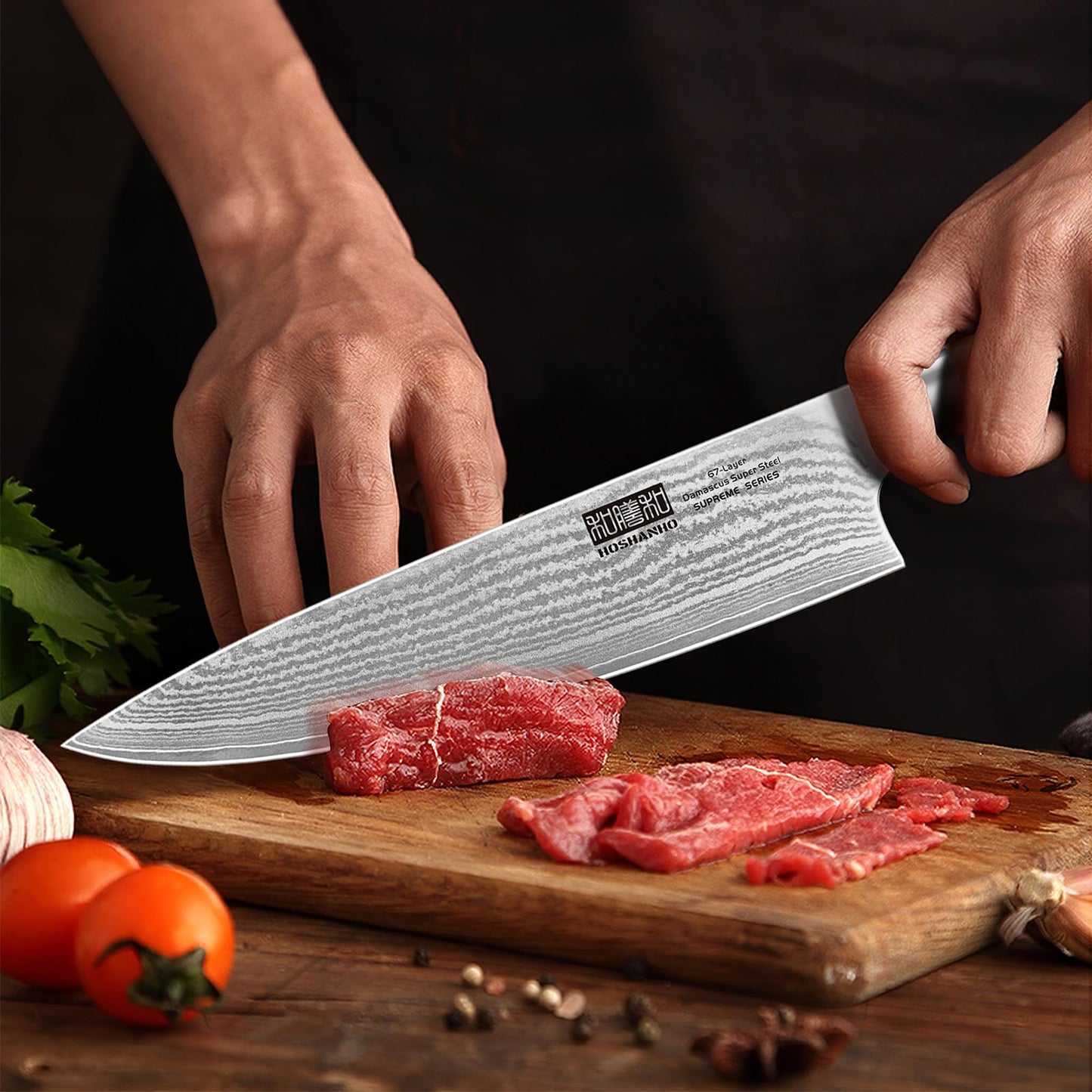 HOSHANHO 5 Pieces Kitchen Knife Sets, Ultra Sharp Professional Damascus Super Steel Chef Knives Sets with Ergonomic Olive Wood Handle, Including Chef, Bread, Santoku, Utility & Paring Knives