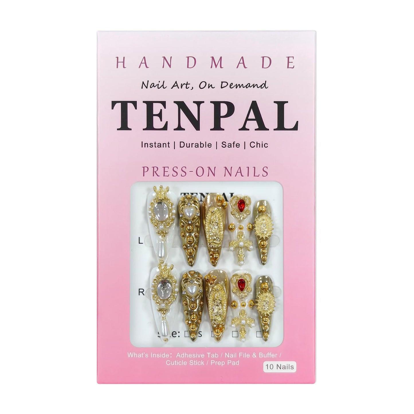 TENPAL 10Pcs Handmade Royal Press On Nails With Tools,Metallic Gold Long Stiletto Fake Nails with Pearl & Celestial Charms Designs,Sculpted 3D Baroque Acrylic Glue on Nails for Wedding Gothic Ball(M)