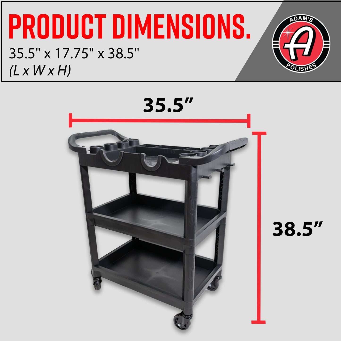 Adam's Polishes Premium Detail Cart - Car Detailing Cart 3-Tiered Shelves 250 Pound Per Shelf Capacity - Heavy Duty Casters Rolling Cart, Features Bottle Holders, Cutouts, & Pegs for Organization