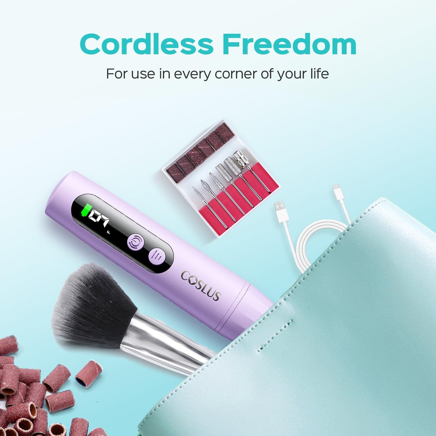 COSLUS C52 Electric Cordless Nail Drill: Professional Nail File kit with LED Screen for Acrylic Gel Powder. Portable for Home DIY & Salon Use. Manicure Pedicure for Beginners, Women, Travel, Purple