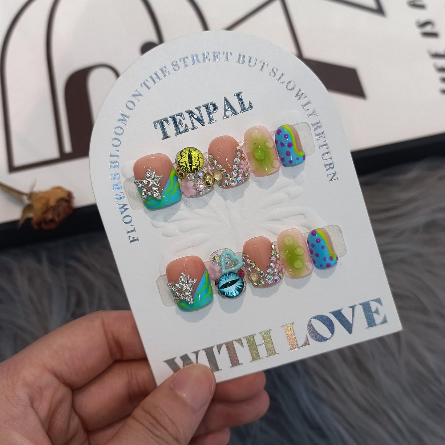 TENPAL V-Shape French Tips Square Nails,Acrylic Press on Nails with 10pcs Kit,Sweet Edgy Y2K Hand-Painted Art False Nails,Neon Yellow-Green Fake Nails with 3D Stars, Hearts, Rhinestones Flowers(S)