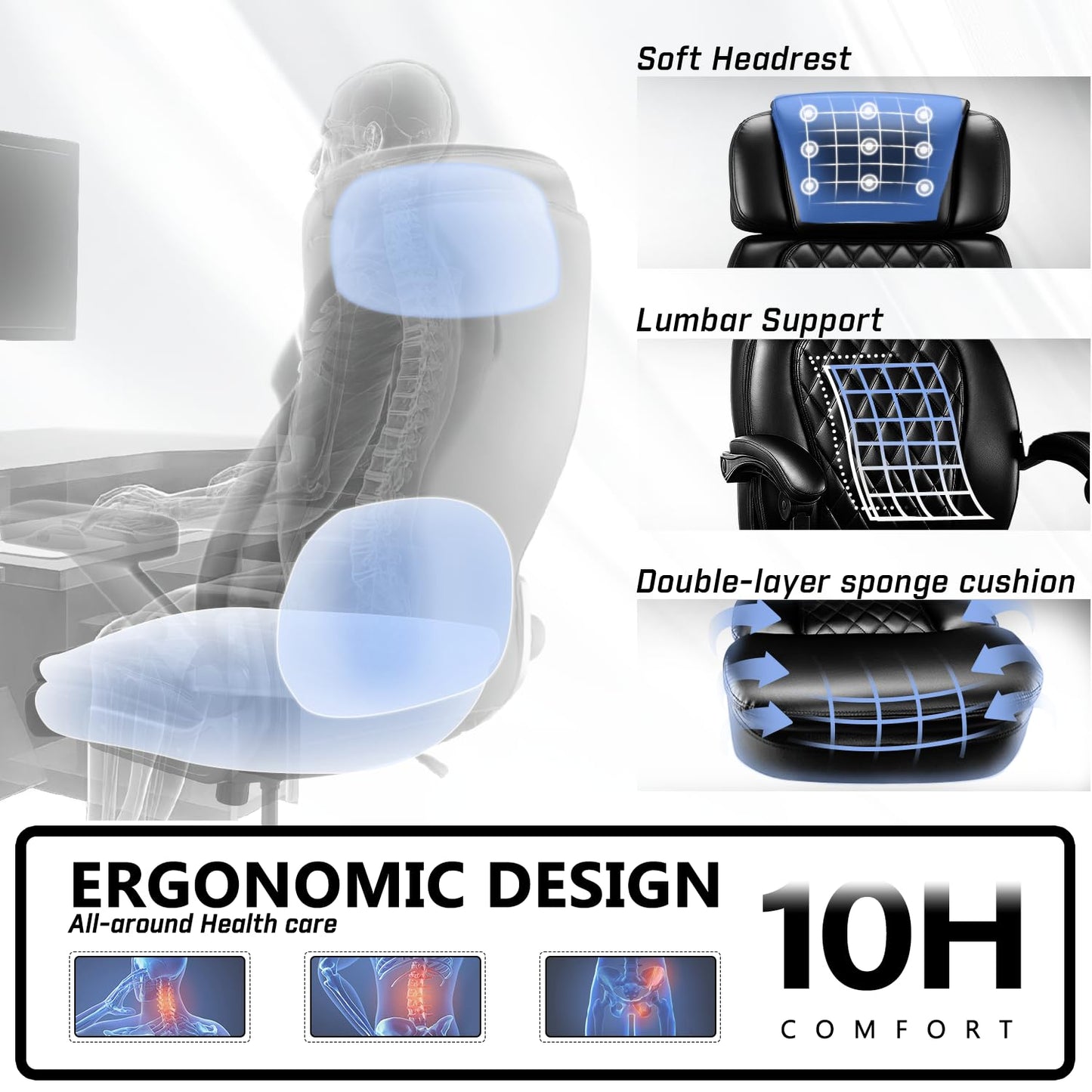 400lbs Executive Office Chair with Foot Rest for Heavy People, Ergonomic Big and Tall Desk Chair with Adjustable Headrest, High Back PU Leather Comfy Heavy Duty Computer Chair with Spring Cushion